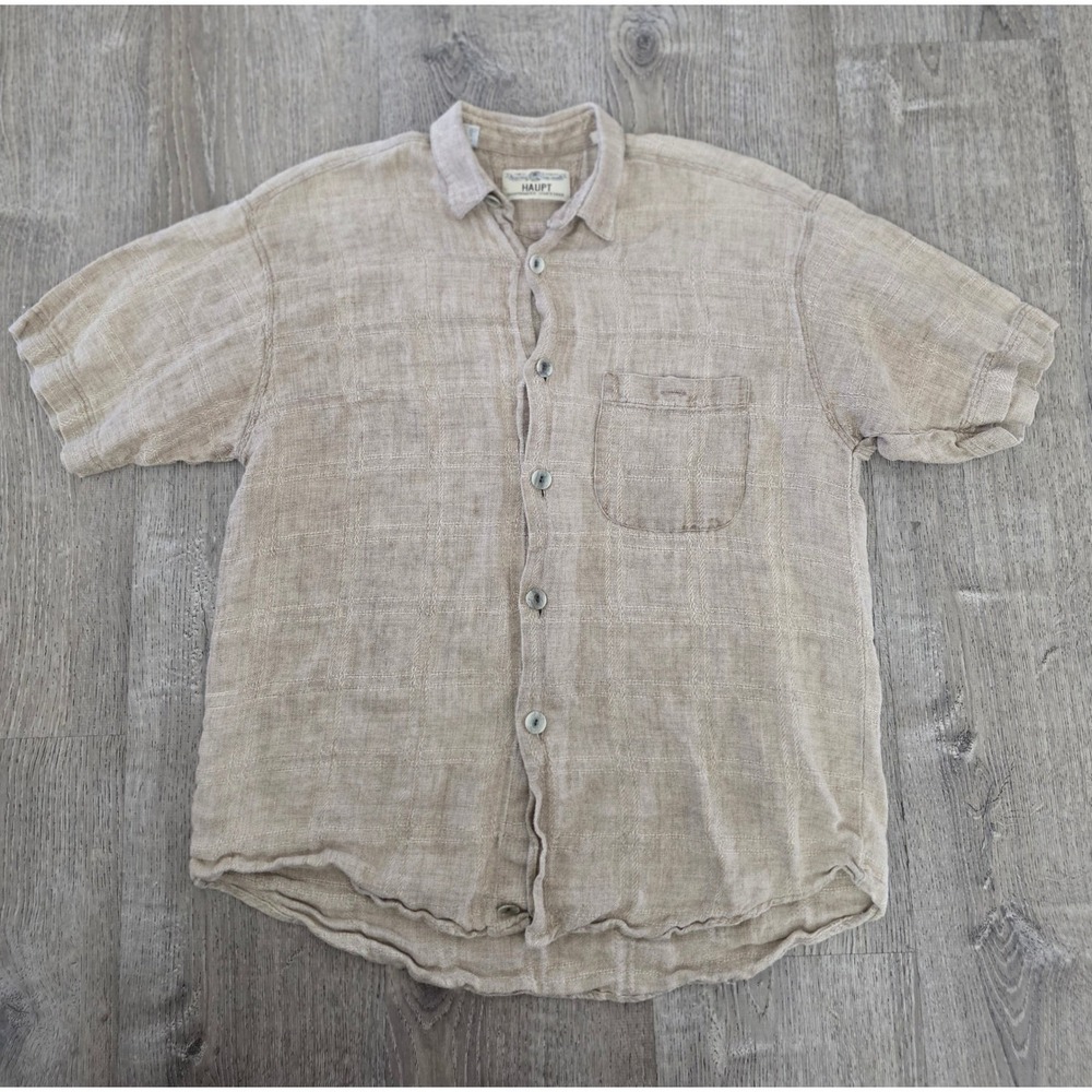 Haupt Mens 100% Linen Button Down Shirt Beige Windowpane Size M